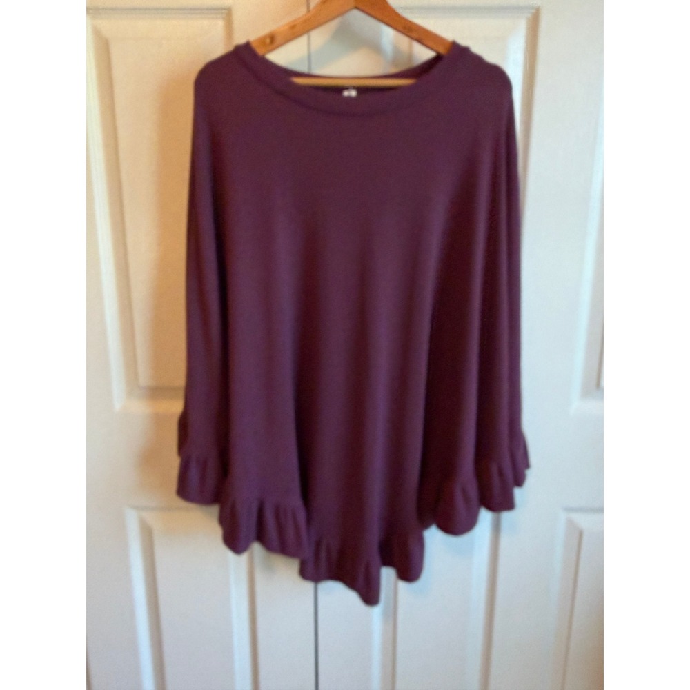 Zenana Outfitters Plum Purple Ruffle Hem Knit Poncho Top SM